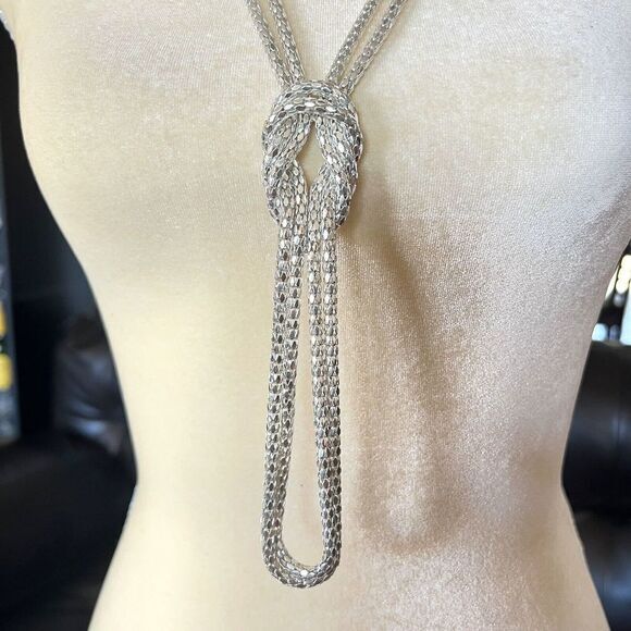 Shiny Silver Tone Long Double Strand Knotted Snake Chain‎ Necklace 39 in - Picture 6 of 12